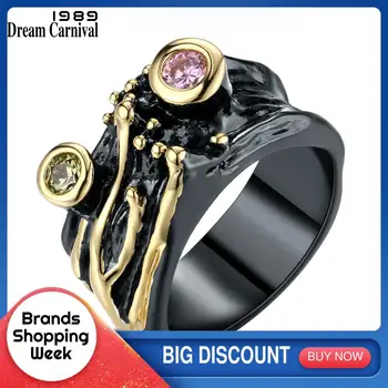 

DreamCarnival 1989 Gothic Wide Vintage Rings for Women Black Gold Color Wholesales Discount Pink Olivine Zirconia Bijoux WA11481