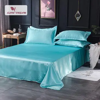 

44 Light Blue 100% Stain Silk Flat Sheet Bed Linen Euro Double Queen King Silky Healthy Bedding Home Textiles 1PCS