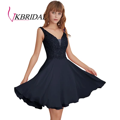 Navy VKbridal реальное изображение трапециевидной формы мини длина кружевные Выпускные платья для кристалл для девушки Иллюзия глубокий v-образный вырез шифон Короткие платья для выпускного вечера - Цвет: Navy