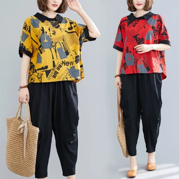 

2020 Summer Pullover Loose Oversize Red Green New Art Style Cotton Linen Women Top Elastic Waist Wide Leg Pants 2 Piece Set Suit