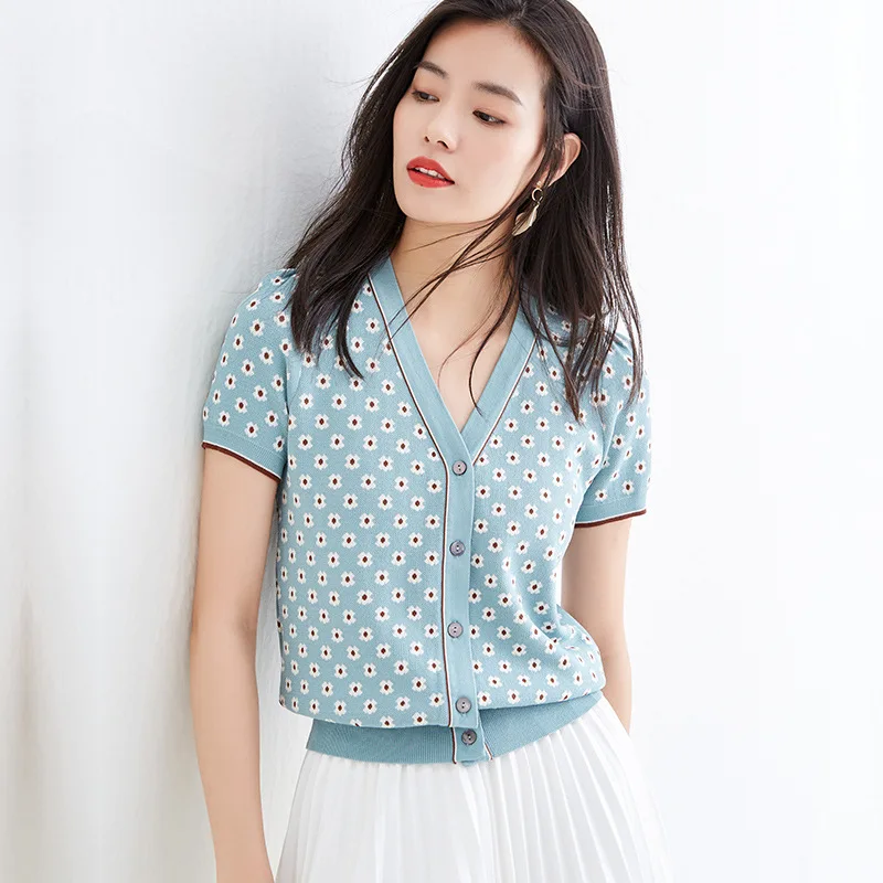 

Summer Ladies Elegant V-neck New Print Fashion Sweaters Short Sleeve Knitted Cardigan Women Slim Knitwear Tops
