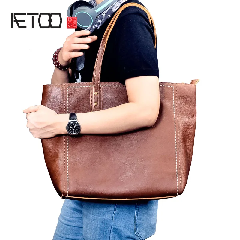 

BJYL Unisex leather cross section Tote bag retro leather handbag shoulder bag computer bag