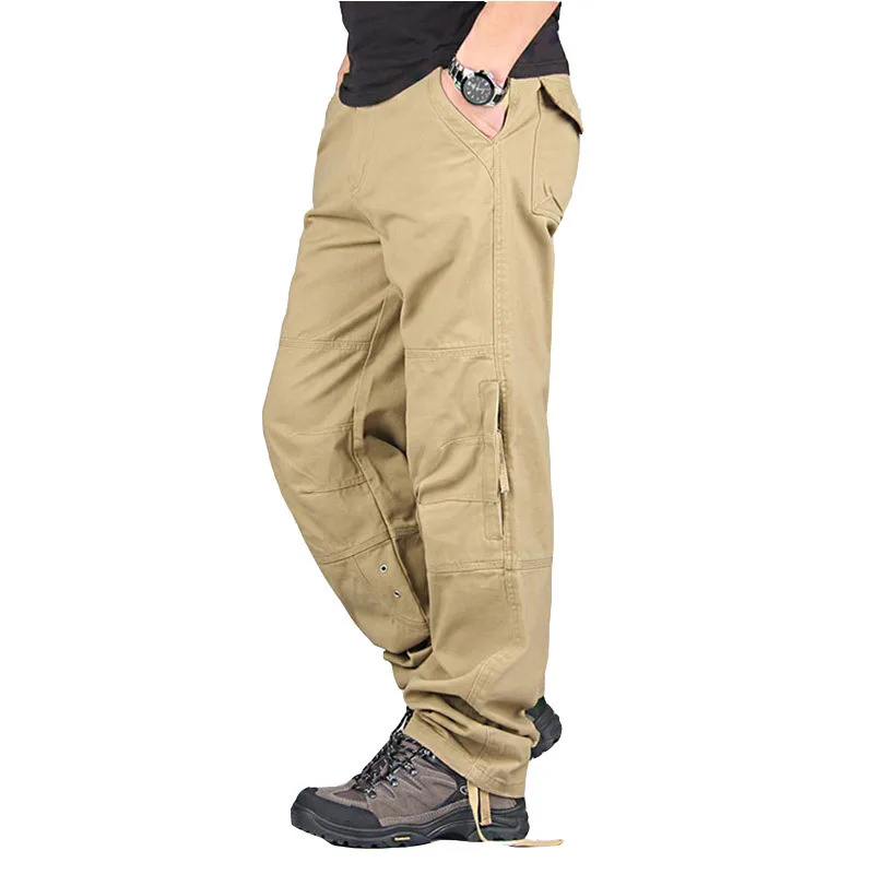 Брюки карго мужские весенне-осенние повседневные хлопковые длинные брюки уличная армейские прямые брюки джоггеры военные тактические брюки - Цвет: Хаки