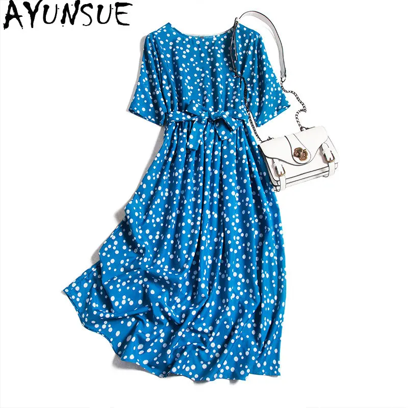 

AYUNSUE Woman Dress Summer Silk Polka Dot Midi Dress 2021 Beach Party Ladies Dresses Korean Blue Vestidos De Verano KJ7063