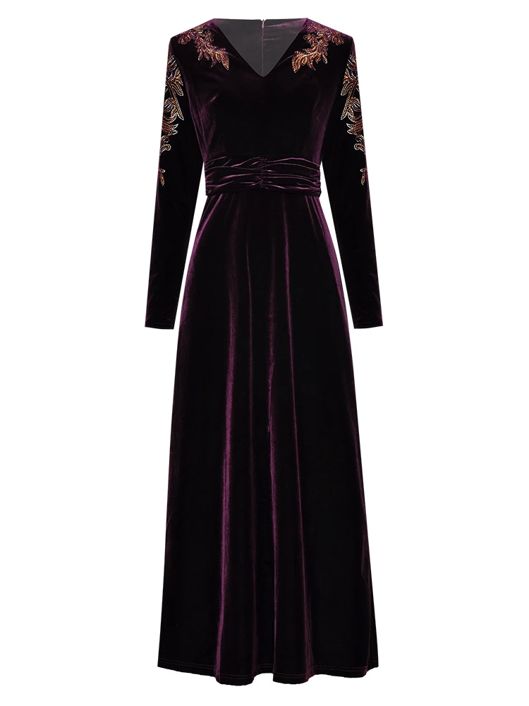 MoaaYina, модное дизайнерское платье, весна-осень, женское платье, v-образный вырез, длинный рукав, вышивка, элегантные Подиумные бархатные платья