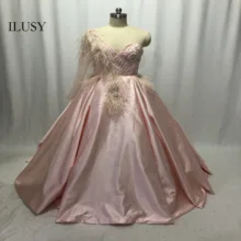 Розовое Бальное Платье ILUSY, вечерние платья с перьями, Роскошные вечерние платья на одно плечо с блестящими бусинами и цветами, Vestidos De Fiesta Largos