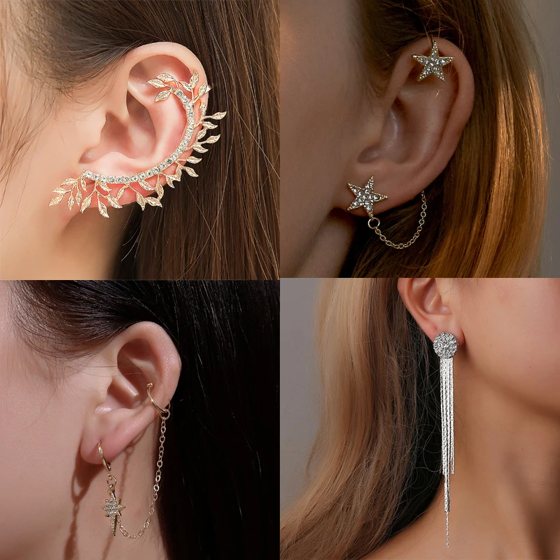 

1pc Fashion Personality Long Chain Star Ear Cuff Crystal Tassel Earrings for Women Creative Rhinestone Clip Earring Jewelry Gift