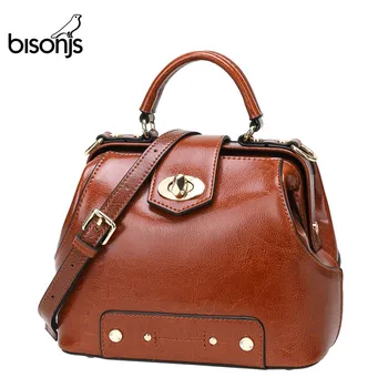 

BISONJS Cow Leather Women Bag Oil Wax Leather Shoulder Bag Vintage Handbag Crossbody Bag for Women Bolsa Feminina B1886