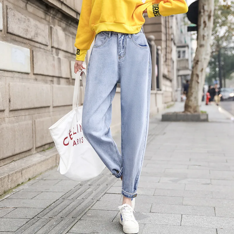 В настоящее время доступны джинсы женское платье 2019 Осень Новый стиль корейский Стиль Высокая талия похудения шаровары брюки свободного