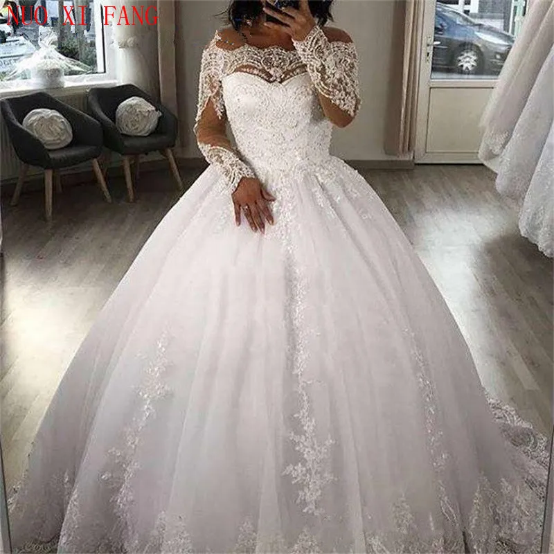 

NUOXIFANG Long Sleeves Ball Gown Wedding Dress 2020 Vintage Lace Appliques vestido de noiva Sweep Train abito da sposa gelinlik