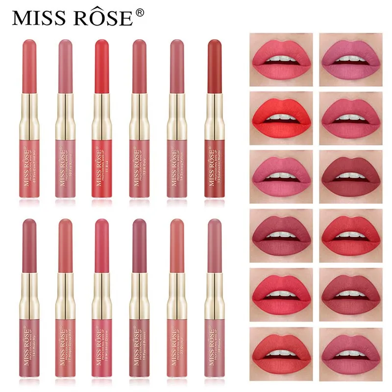 Miss Rose, двойная головка, Алмазный Блеск для губ, подводка для губ, водостойкая, прочная, антипригарная чашка, супер блестящий блеск для губ, помада, новинка, два в одном