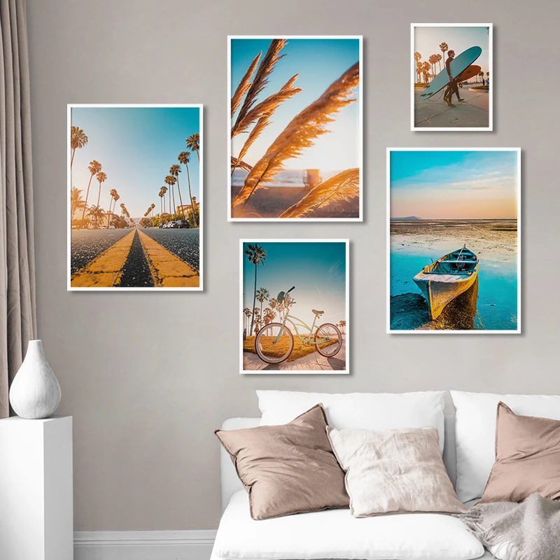 

Coconut Tree Road Wall Art Canvas Painting Beach Surf Scenery Nordic Poster Cuadros Wall Pictures For Living Room Unframed