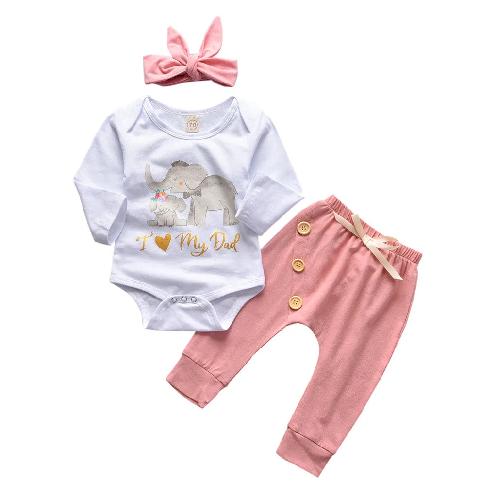 

Newborn Infant Long Sleeve Elephant Print Romper Baby Boy Girl Autumn Winter Bodysuit+Pants+Headband Outfits HOOLER