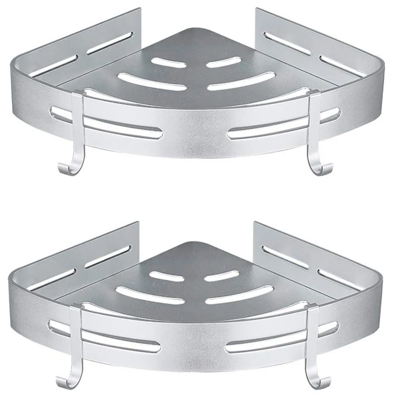 

Shower Corner Caddy Bathroom Shower Corner Shelf with Two Hooks,Self Adhesive with Glue or Wall Mount with Screws,Heavy Duty Alu