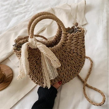 

Straw Bag Women Hand-Woven Handbag Moon Shape Lace Bow Rattan Bag Big Capacity Drawstring Casual Beach Shoulder Crossbody Bag