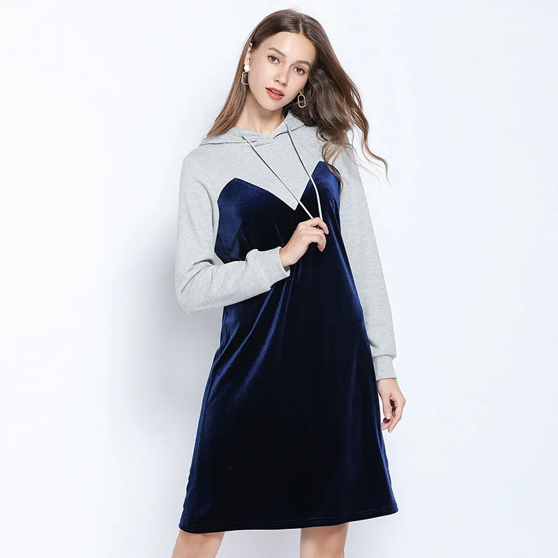 Новинка года; Осенняя Длинная толстовка золотистого бархата с капюшоном; Vestidos; длинный рукав; контрастный цвет; Женские Повседневные свитера большого размера; L-5XL - Цвет: Синий