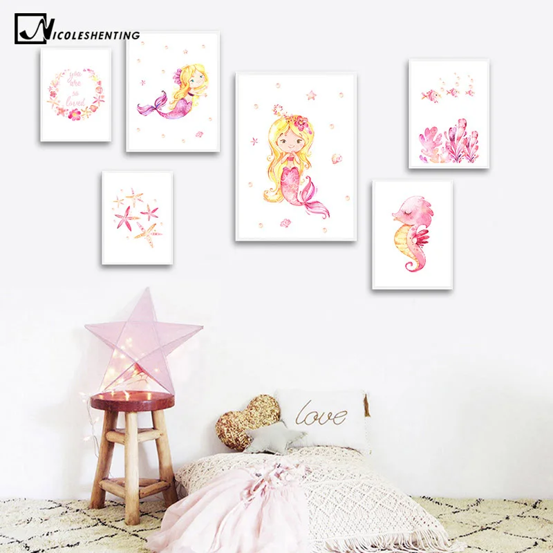 

Mermaid Nautical Nursery Child Poster Cartoon Wall Art Print Canvas Painting Nordic Kid Decoration Piture Baby Bedroom Decor