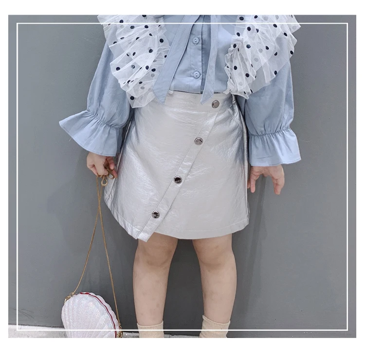 Spring Autumn girls PU skirt baby A line skirt kids skirt children skirt toddler streetwear silver irregular snap 3 to 8 yrs