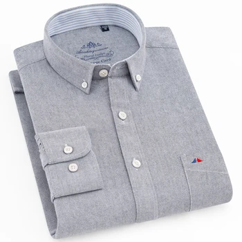 

Men's 100% Cotton Regular-Fit Long-Sleeve Oxford Shirt Single Patch Pocket Rounded Barrel Cuffs Thick Casual Button-Down Shirts