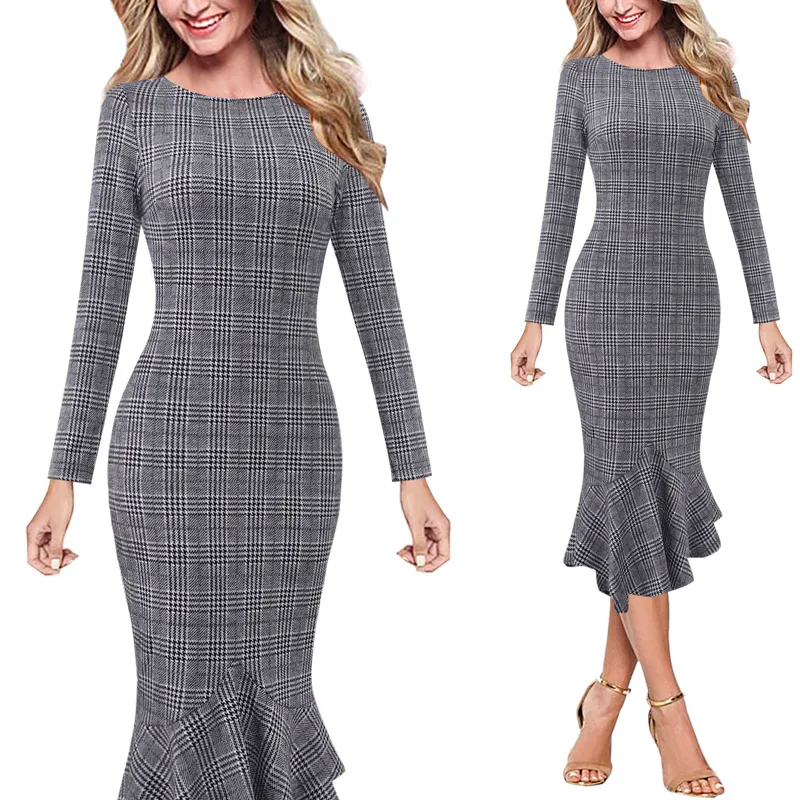 Black White Tartan Vfemage женские элегантные винтажные весенние осенние Pinup офисные деловые повседневные Коктейльные Вечерние облегающие платья Русалка 2787 - Цвет: Black White Tartan