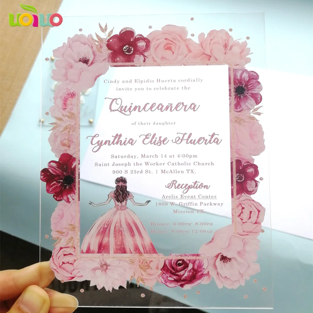Акриловая карточка с красочной печатью цветок Quinceanera пригласительная карточка, акриловая печать на заказ wordings пригласительная карточка на день рождения