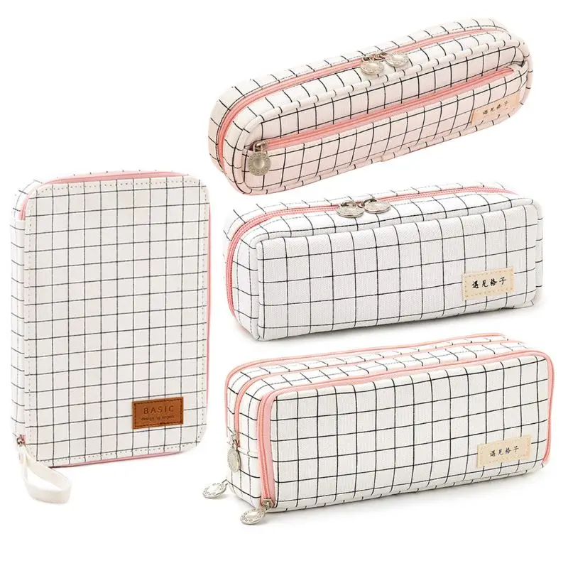 

Large Capacity Durable Girls Pencil Case Stationery Box Check Pattern School