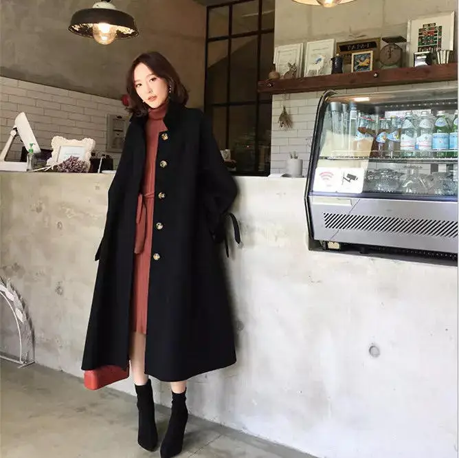 New Autumn and Winter Turn Down Collar Single-Breasted Long Women double-sided wool Solid color with belt coat Coat