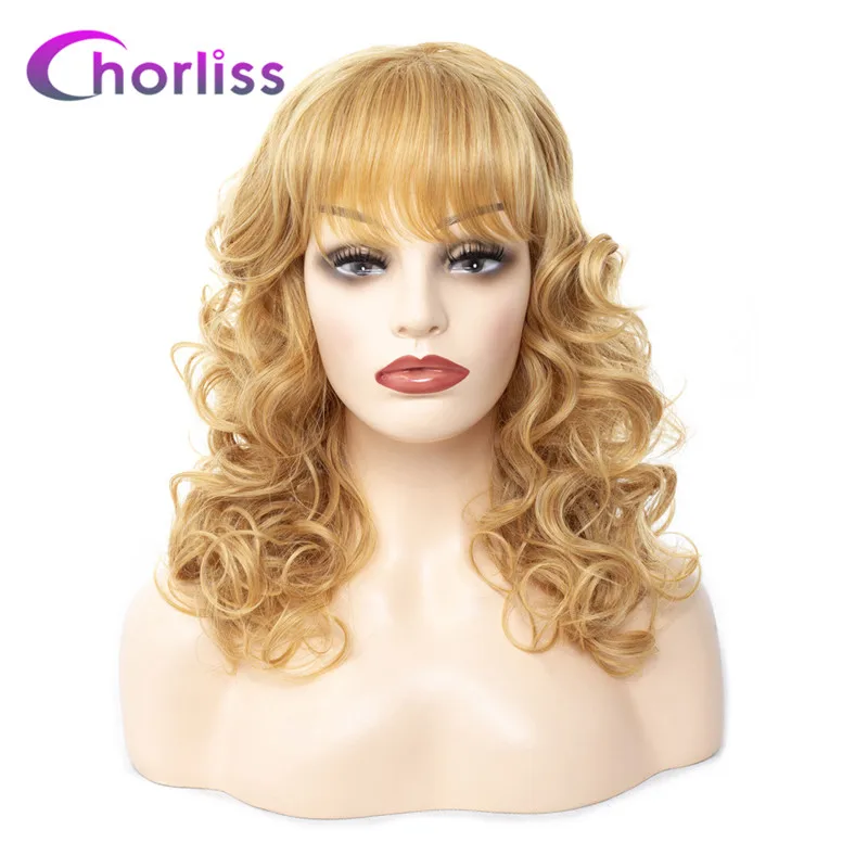

Synthetic Wigs Medium Curly Natural Blonde Women Wigs With Fringe Bangs Chorliss Meek Blonde Cosplay Wigs Daily Heat Resistant