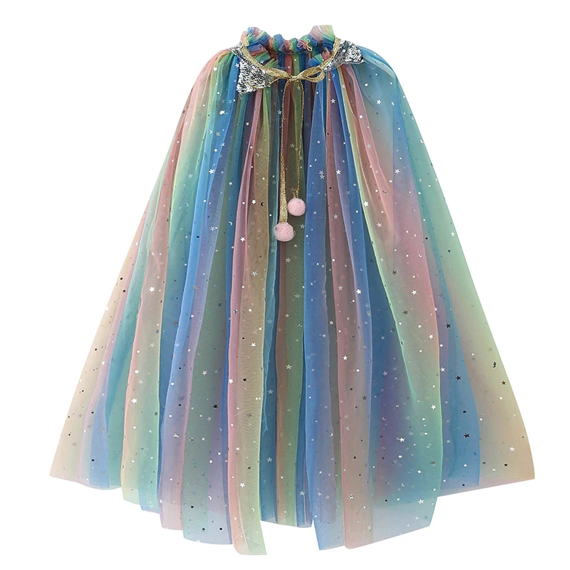Тюлевый плащ со звездами и блестками; платье принцессы для девочек; аксессуары; кружевная накидка с золотым галстуком-бабочкой и оборками; Детские вечерние костюмы для костюмированной вечеринки с единорогом - Цвет: Rainbow Cloak