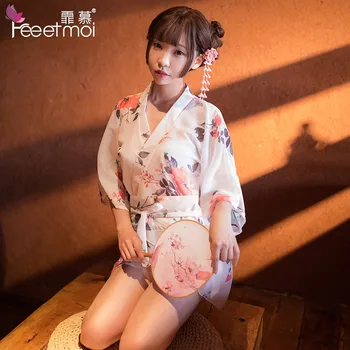 

2019 New Kimono Sexy Printed Chiffon Japanese Adult Nightgown Temptation Yukata Robes Bathrobe Bath Robe Kimono Robe