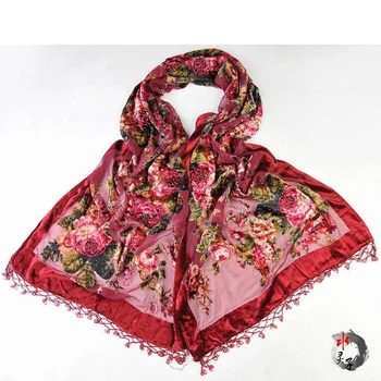 

Women Scarf Fashion Chinese Écharpe Women's Velvet Silk Handmade Beaded Embroidered Flower Scarf long Shawl