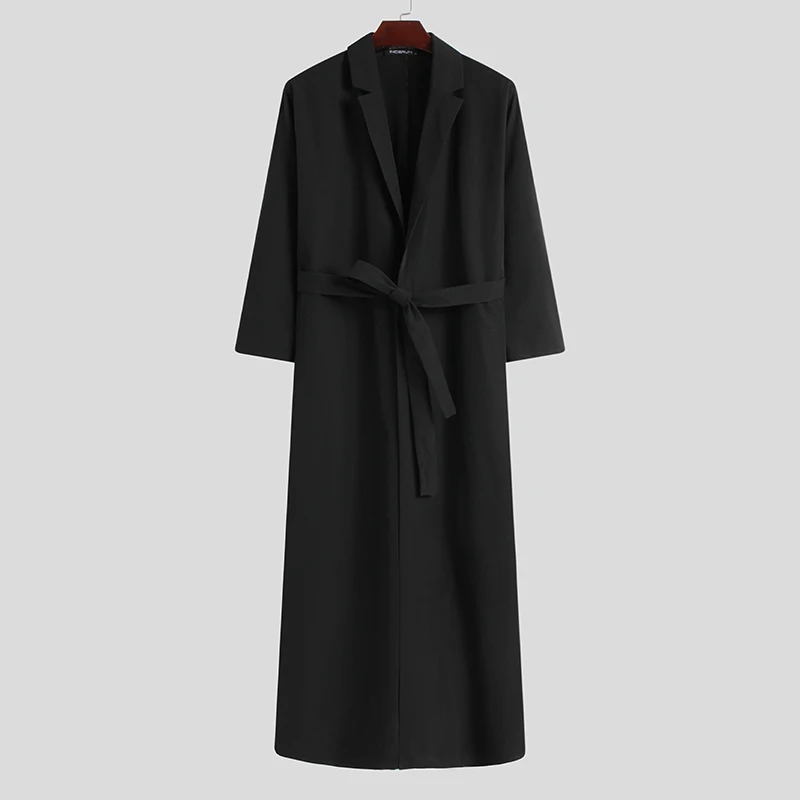 INCERUN-abrigos de manga larga con cuello de solapa para hombre, gabardina con botones de Color sólido, prendas de vestir de estilo largo informal con cinturones, ropa de calle