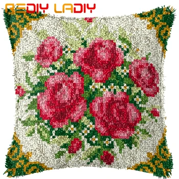 

Latch Hook Cushion Bouquet of Roses Pillow Case Printed Color Canvas Acrylic Yarn Latched Sofa Pillow Crochet Cushion Cover Kits