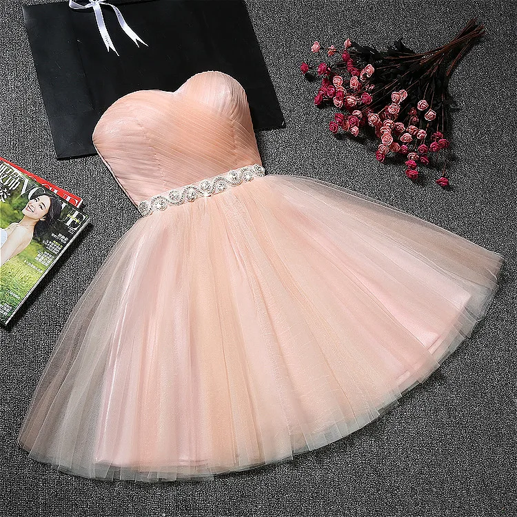 Crystal Pink Short Bridesmaid Dresses Blue Grey Champagne White Mesh Tulle Net Lace Up Lady Girl Banquet Party Gown
