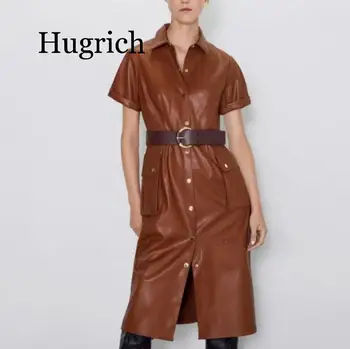 

Women Streetwear Solid PU Leather Dress Pleated Short Sleeve Sashes Lady Knee Length Dresses Turn Down Collar Pockets Vestido