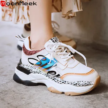 

MoonMeek 2020 new sneakers flat platform shoes women round toe lace up flats shoes mixed colors casual women flats