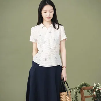 

CYNTHIA 2020 Summer Women Blouse Female Vintage V-neck Short-sleeve Slim-fit Dot Floral-printed Shirts