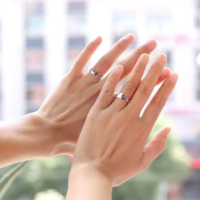 

1 Set Silver Beach Wave Ring Simple Couples Lover Matching Band Romantic Jewelry