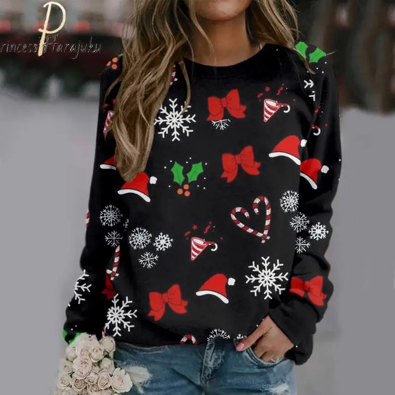 

Christmas Print Long-sleeved Sweatshirt Casual Women's Blouse Pullover Christmas Knitting Pullover Sweater Top Jumper Sweatshirt