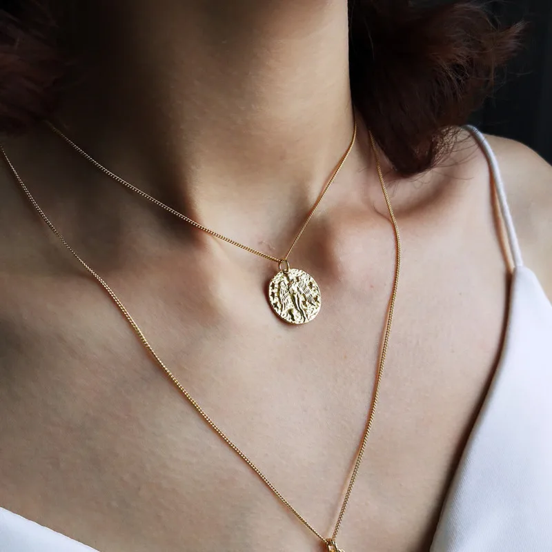 

Long Coin Pendant Necklace Gold Chain Constellation Virgo 925 Sterling Silver Necklaces Women Baroque Kolye Bayan Fine Jewelry