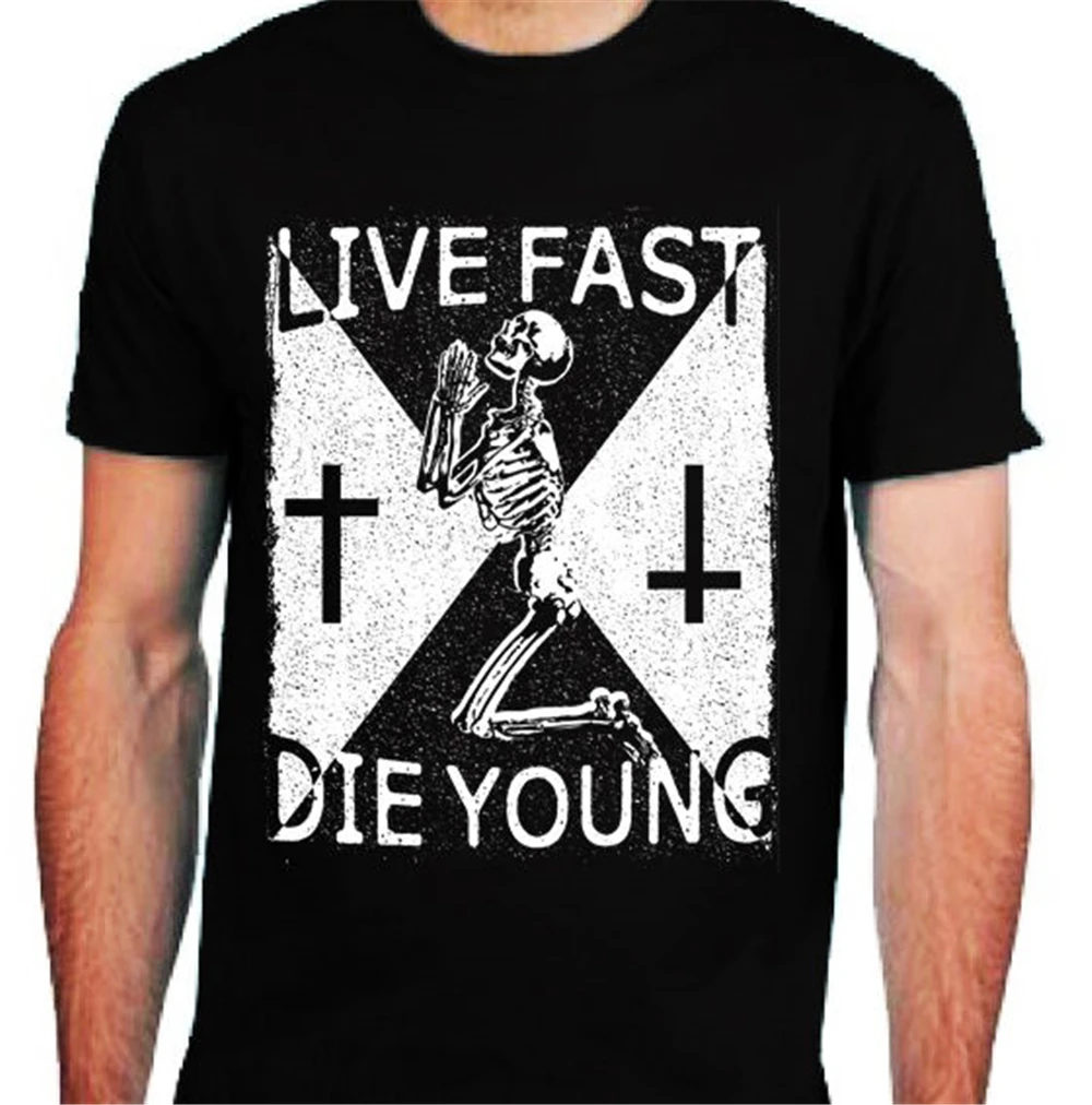Live Fast Die Young T-Shirt mens S-2XL Biker rock metal goth crâne squelette noir 
