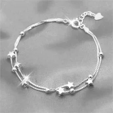 925 цельное Настоящее серебро, модный двухслойный браслет с бусинами в виде звезд 17 см для женщин и девушек, серебряные ювелирные изделия DS1211