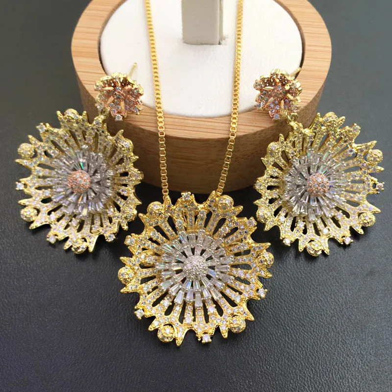 

Zlxgirl Luxury Brand Sun flower Gold Pendant Necklace with Earrings for Woman Engagement Sandblasting Popular Luxury Best Gifts