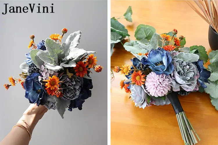 JaneVini винтажный темно-синий букет для невесты Искусственный Пион розы свадебный Шелковый цветок маленький свадебный букет Boeket