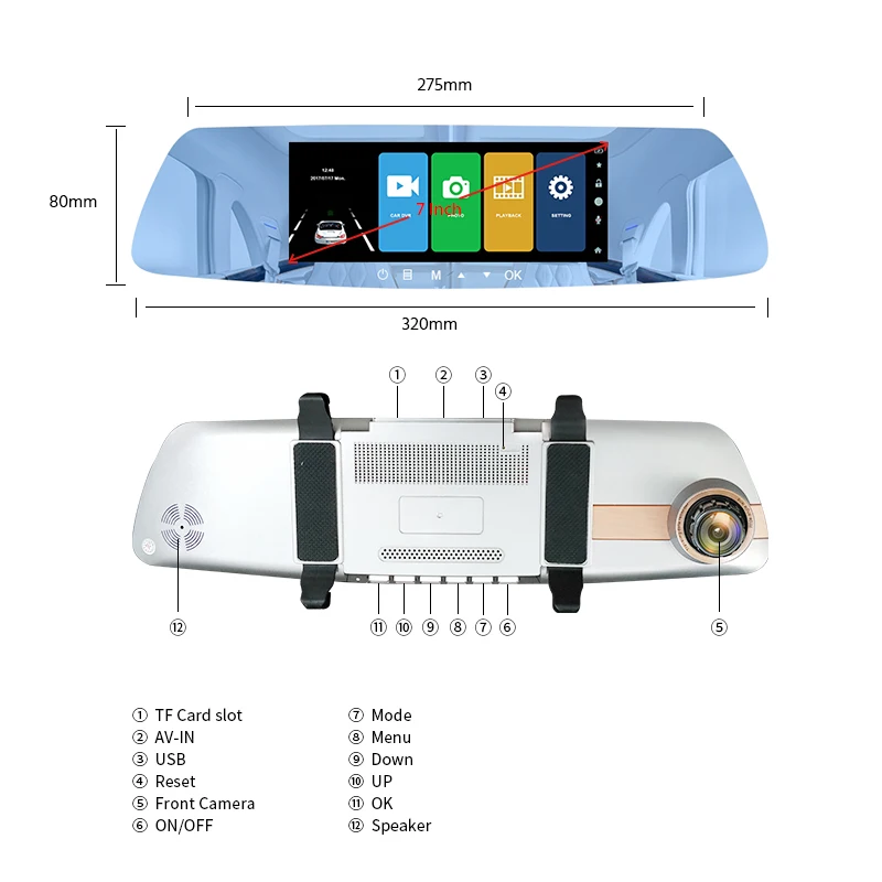  E-ACE Car Dvr 7.0 Inch Rearview Mirror FHD 1080P DashCam Dual Lens Video Recorder Night Vision Auto