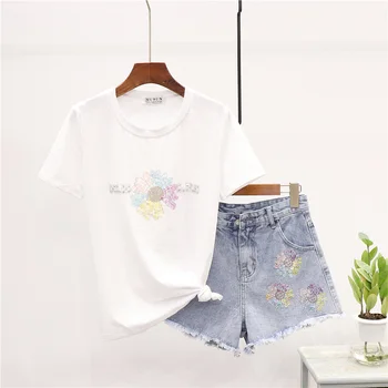 

Summer Women Sequins Print Cotton T-shirt + Denim Shorts Set Fashion Loose Short sleeve Tee shirt Short Jeans Pants Suit Female