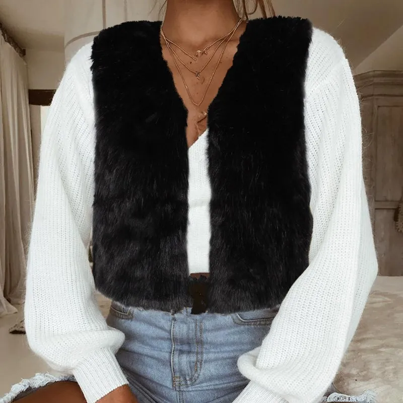 

Women Fashion Slim Short Faux Fur Vest Sleeveless V-neck Waistcoat Jacket Coat Black Hair Jacket Waistcoat