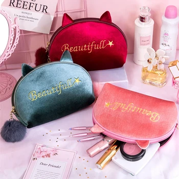 

Women Beautifull Cat Cosmetic Bag Portable Travel Plush Letter Make Up Makeup Case Organizer Mini Wash Zipper Storage Toiletry