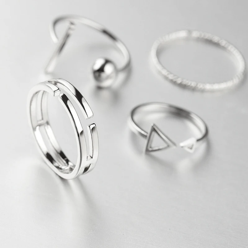 New Fashion 4 Pcs/Set Korean Style Rings Simple Joker Metal Finger Ring Silver Color Adjustable For Women Gift set | Украшения и