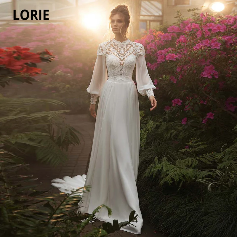 LORIE Arabic Wedding Dresses with Long Puffy Sleeve Appliques Lace Bohemian Bridal Gowns